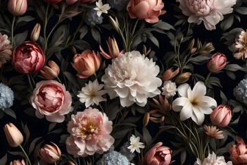 Generate an opulent 3D-rendered illustration of vintage flowers including peonies, tulips, lilies, and hydrangeas, arranged in a lush, baroque-style composition. Showcase these exquisite blooms on a d