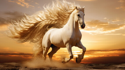 Obraz na płótnie Canvas Majestic stallion with manes flowing like liquid gold against a dawn backdrop. AI generative