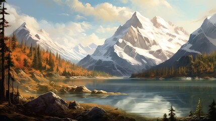 Fototapeta na wymiar Beautiful mountain peak landscape with lake.AI generated image