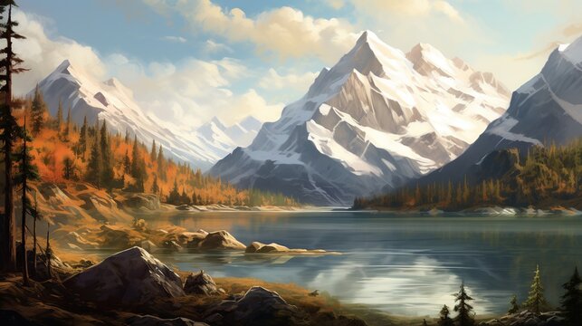 Beautiful mountain peak landscape with lake.AI generated image