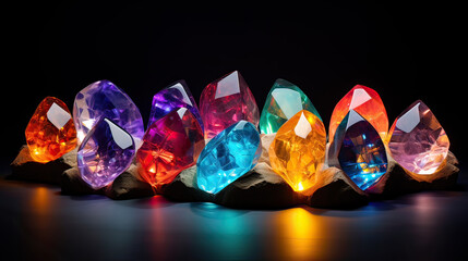 Matrix of luxurious gemstones emanating soft glows.  AI generative