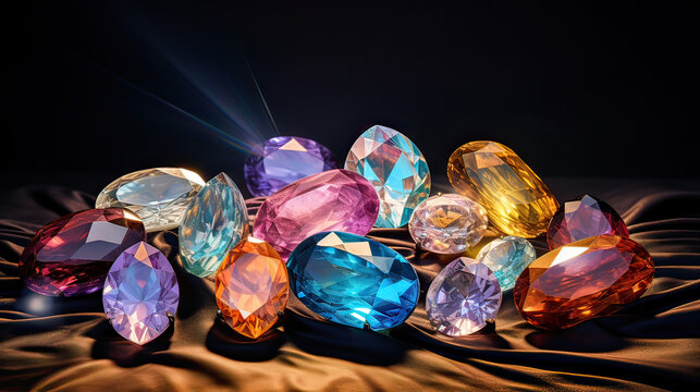 Matrix of luxurious gemstones emanating soft glows.  AI generative