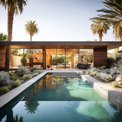 Modern californian house, with swimming pol in front