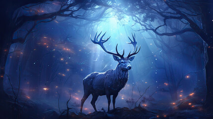Majestic stag in a moonlit glade; antlers tangled in starry constellations.  AI generative