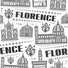 Vector Florence Seamless Pattern, repeat background with illustration of famous european florence city scape on white background, monochrome line art urban historical poster with black text florence - obrazy, fototapety, plakaty