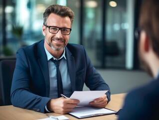 Happy Mid Aged Businessman Holding Paper Document at Job Interview - Corporate Office Meeting, Smiling Professional Banking Manager or Lawyer, Consulting, Sitting at Work, CV