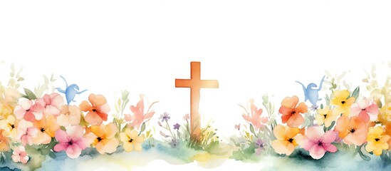 Christian cross clipart with watercolor Easter theme border and banner - obrazy, fototapety, plakaty