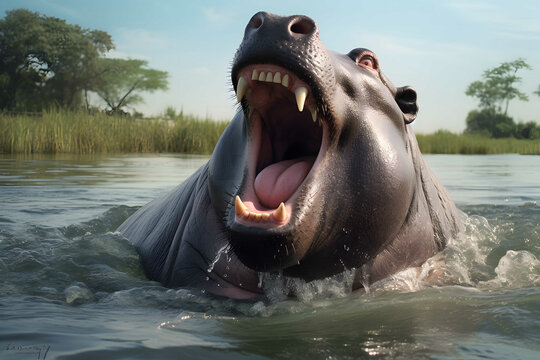 front view hippopotamus opening mouth in pond