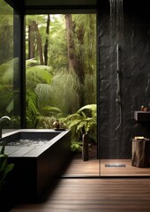 Trendy Outdoor Bathroom. Cultured concrete for a built-in bath. Interior designs finished in steel with a black patina or wood with a rustic live edge create a feeling of rawness and transparency.