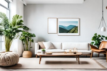 modern living room Urban jungle in bright living room interior with white couch with knot pillow and wooden furniture, copy space on empty wall' generated ai