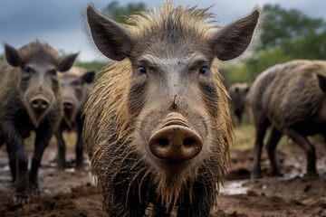 Group of Warthogs pigs close up in the wild