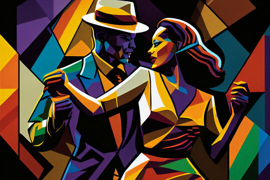 Latin American Hispanic male and female couple dancing the ballroom Tango dance shown in an abstract cubist style painting for a poster or flyer, computer Generative AI stock illustration image