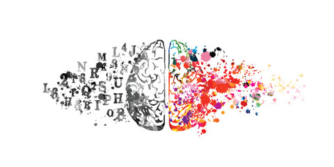 Colorful human brain with letter symbols vector background. Creative thinking, brainstorming, ideas, communication, education and learning. Mental health concept and psychotherapy