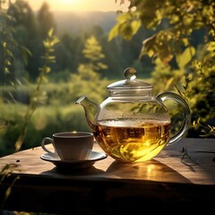 Glass teapot in a friendly and harmonious atmosphere against the backdrop of a beautiful landscape