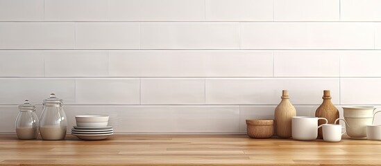 Fototapeta na wymiar Morning sunlight illuminates a stylish kitchen counter with beautiful kitchenware ceramic wall tiles and empty space for a