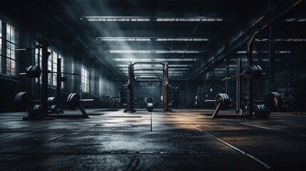 Gym background Fitness weight equipment on empty dark gym - obrazy, fototapety, plakaty