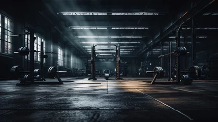 Foto op Aluminium Gym background Fitness weight equipment on empty dark gym © UsamaR