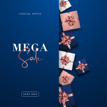 Mega Sale background. Advertising banner for social media or web.Top view of blue, white and rose gold gift boxes.
