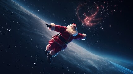 Obraz na płótnie Canvas Christmas Santa Claus in new year flies in space, background of planet. AI generated.