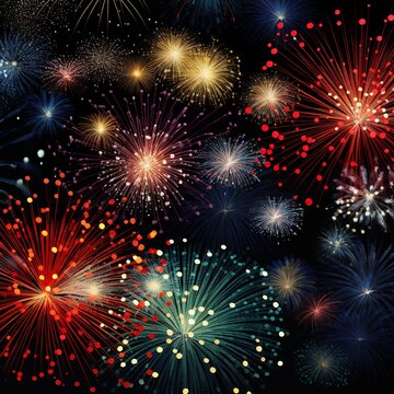 Bright fireworks brightly colorful at night. AI generated image