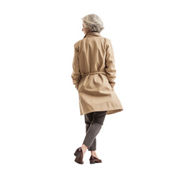 portrait of a mature woman walking, transparent, isolated on white