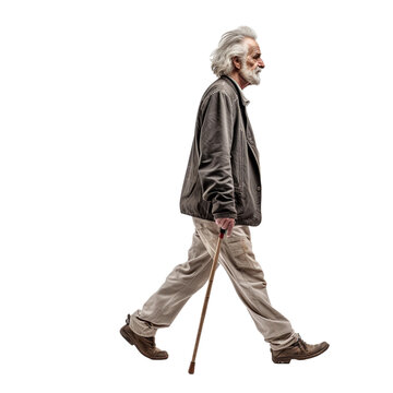 portrait of a mature man walking, transparent, isolated on white