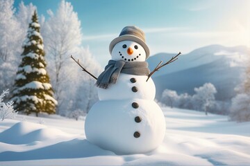 Fototapeta premium Snowman in stylish hat and Scalf on snowy field. Merry Christmas and happy New Year theme and Blue sky on background