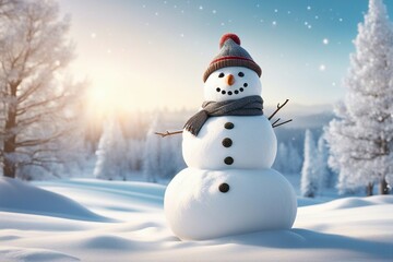 Obraz premium Snowman in stylish hat and Scalf on snowy field. Merry Christmas and happy New Year theme and Blue sky on background