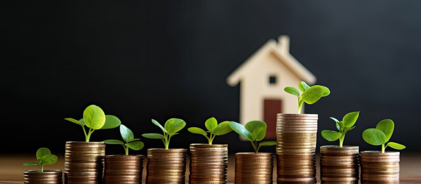 Coins and a green house signify economic benefits and sustainability in housing through technology grants funding autonomy self sufficiency and environmental responsibility