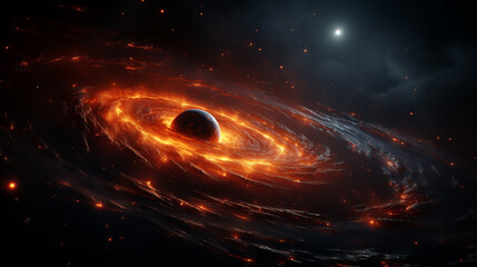 a galaxy and giant black hole in space, in the style of light red and dark gold
