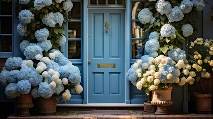 blue front door of house in large house with flowers in pots.