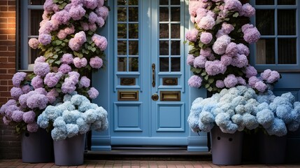 blue front door of house in large house with flowers in pots.