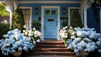 blue front door of house in large house with flowers in pots.