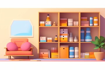 illustration of a room with shelves containing containers and books. suitable for projects with the theme of organizing things at home. Organize Your Home Day concept.