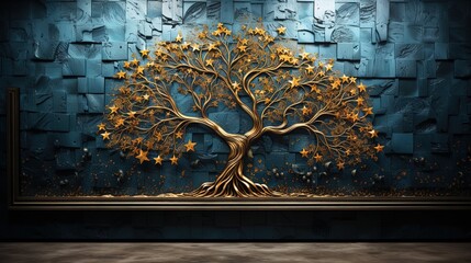 3d modern art mural wallpaper with night landscape with dark blue Jungle, moonlight background with stars and moon, golden tree and gold waves. for use as a frame on walls 
