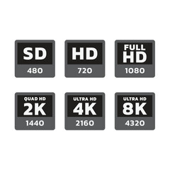 Hd, Full hd and 8K vector label set. Ultra hd, 4K resolution television sticker set labels.