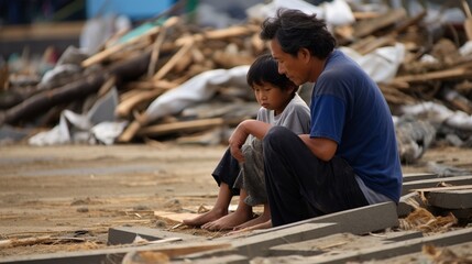 Sad Man with his child sit near destroyed of cunami house - obrazy, fototapety, plakaty