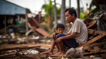 Sad Man with his child sit near destroyed of cunami house
