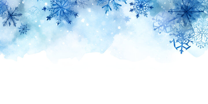 Blue watercolor snowflakes frame background with white copy space inside 
