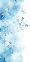 Fototapeta na wymiar Blue watercolor snowflakes frame background with white copy space inside 