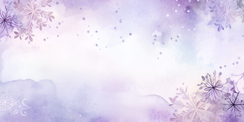 Purple watercolor snowflakes frame background with white copy space inside 
