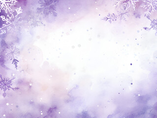 Purple watercolor snowflakes frame background with white copy space inside 