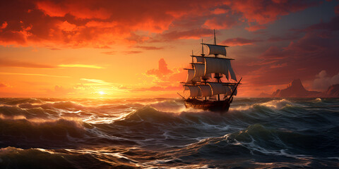 Beautiful ship sailing in the sea at sunset , Sunset Adventure: Pirate Ship and Lonely Island Ai Generative