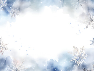 Fototapeta na wymiar Grey watercolor snowflakes frame background with white copy space inside 