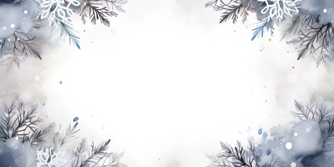 Grey watercolor snowflakes frame background with white copy space inside 