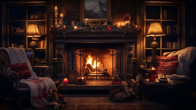 Christmas atmosphere with a fireplace and candles. Stylish New Year's atmosphere. Generative AI