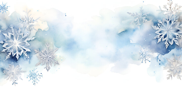 Blue watercolor snowflakes frame background with white copy space inside 