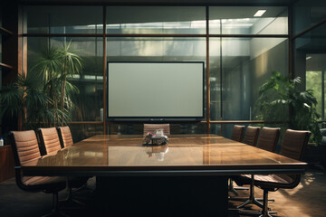 Modern conference room interior with screen