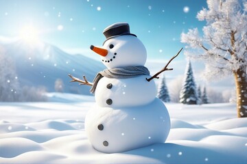 Fototapeta premium Snowman in stylish hat and Scalf on snowy field. Merry Christmas and happy New Year theme and Blue sky on background