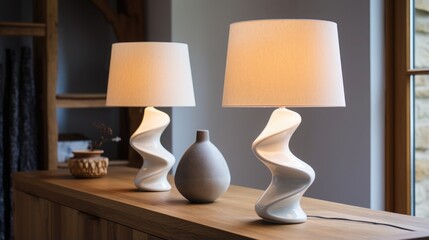 Fototapeta premium Exquisite white table and floor lamps with oblong wavy shapes for spectacular lighting in the dining room, bedroom, living room. Lamp as Sculpture